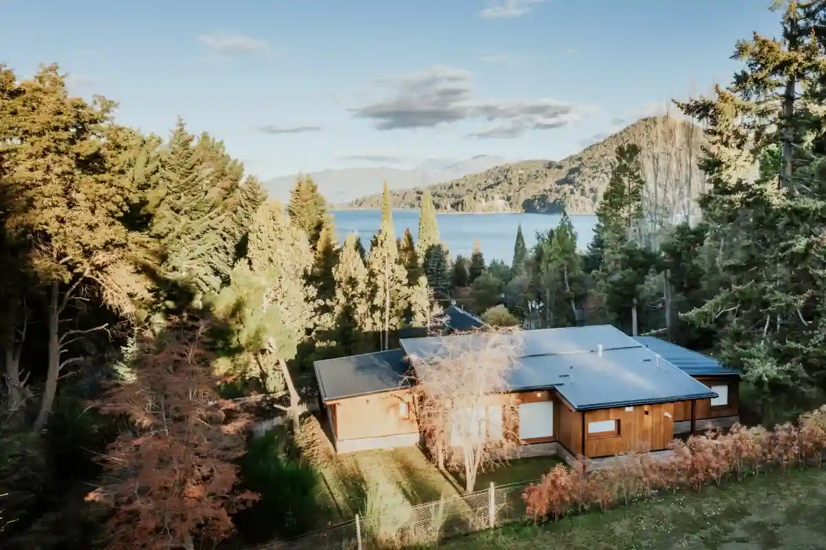 Aerial view of the house with the lake around