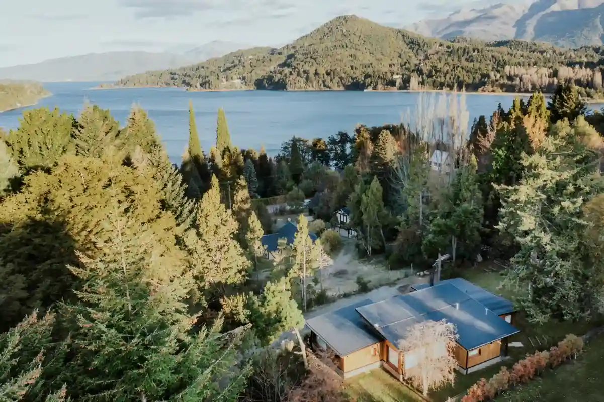 Aerial view of the house overlooking the lake
