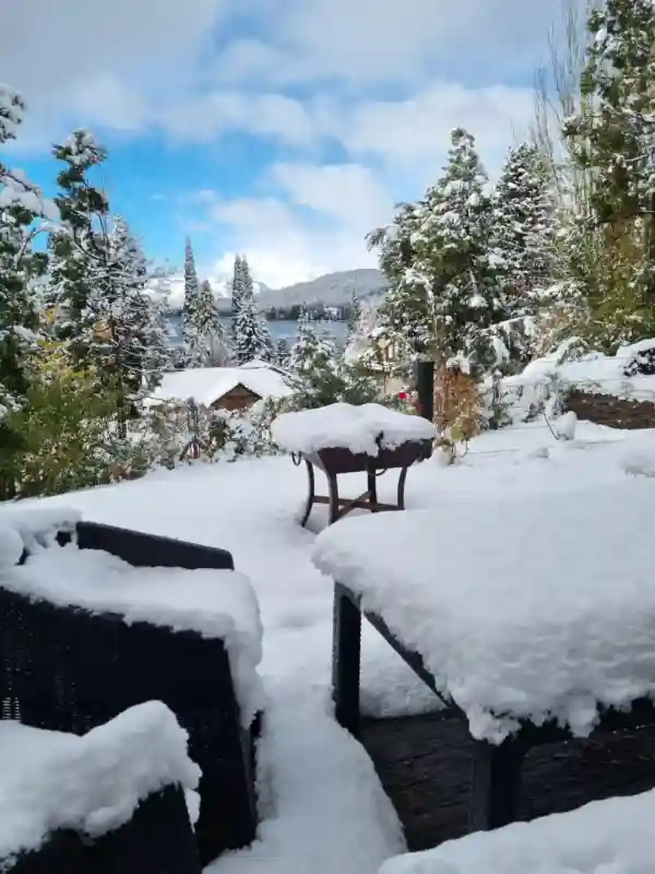 Snow covered deck looking out to the lake